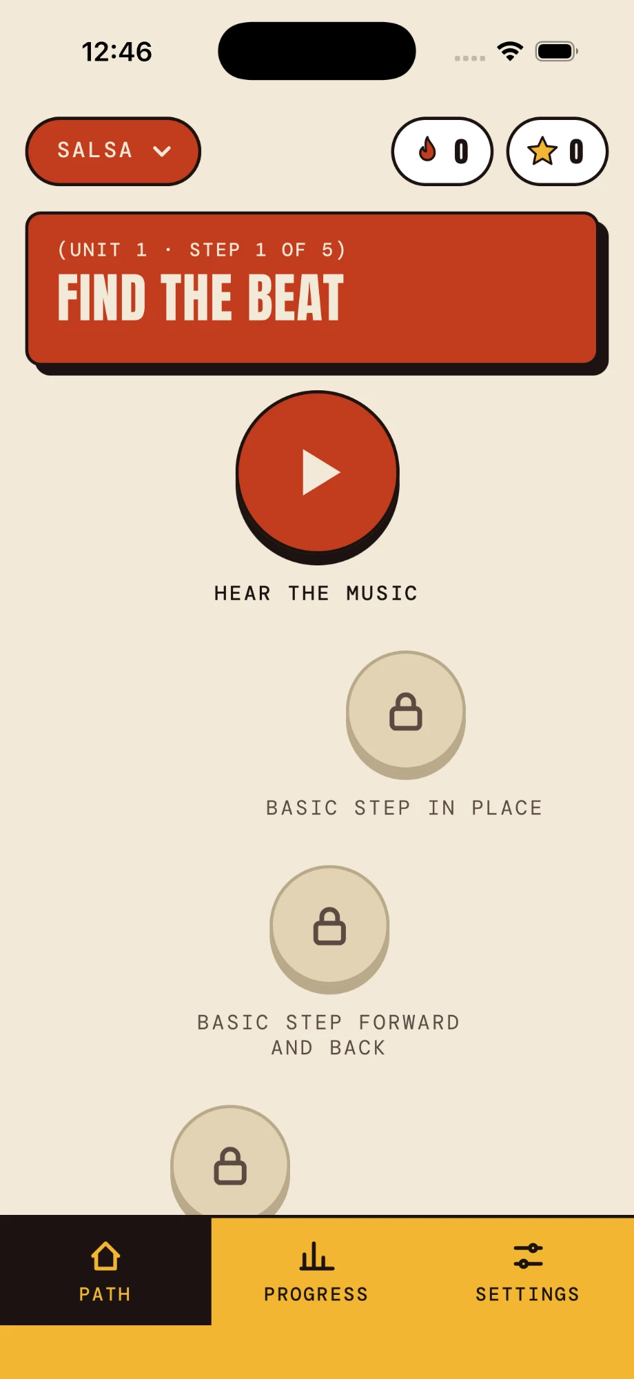 Bailingo app screen showing the Salsa learning path, starting with Find the beat
