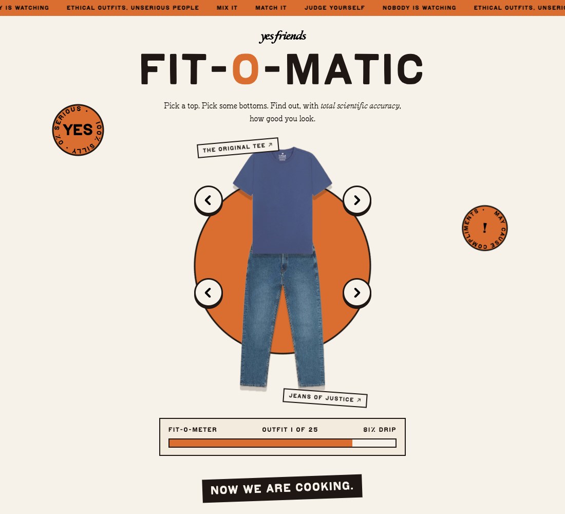 Fit-O-Matic website showing an outfit wheel with a blue tee and jeans