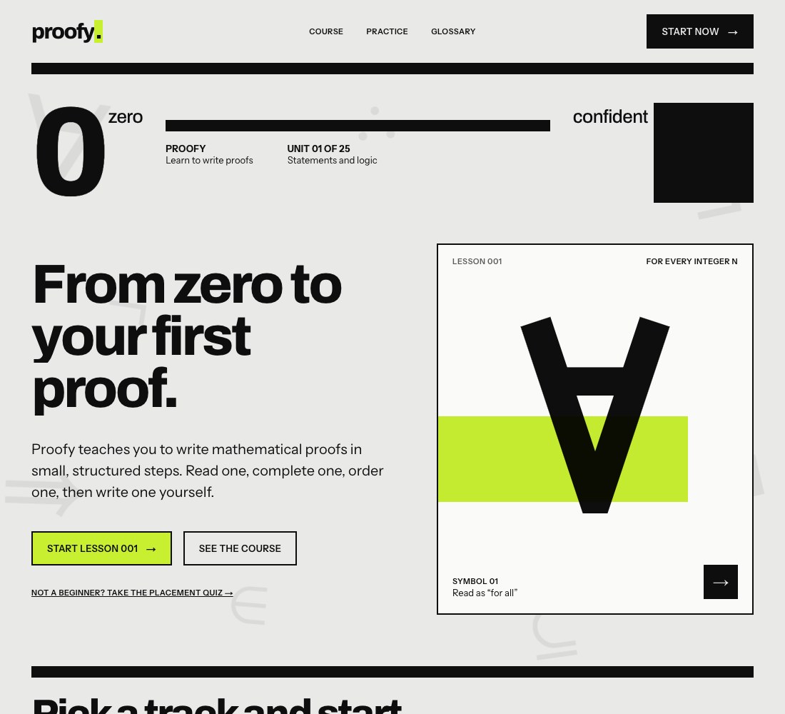 Proofy home page with the headline From zero to your first proof and a large upside-down A symbol
